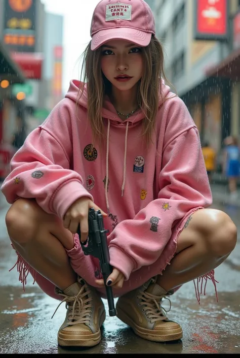 (best quality,realistic,photorealistic:1.37),detailed portrait,Japanese woman living in America,wearing a oversized Tangtop with stains and tears, pink baseball cap,dirtied high-top Vans sneakers,holding a Wesson M442 compact revolver in her hand,rainy wea...