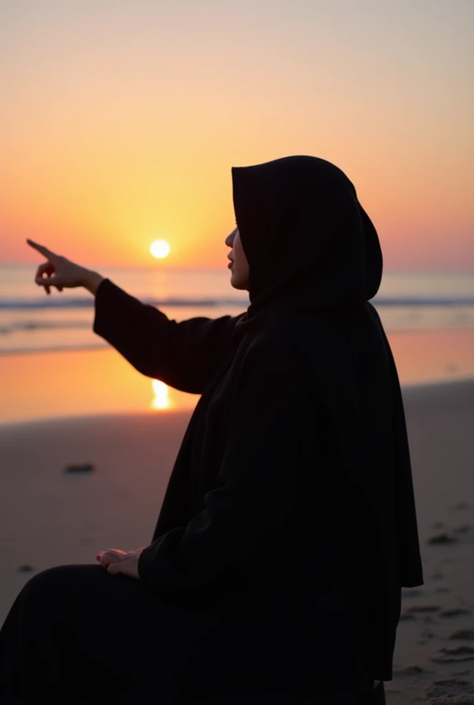 a photo of a girl in a hijab wearing a black dress. Sitting on the beach .  Take a picture in the back without looking at the camera.  with a pose with your back to the camera while pointing towards the sunset. degan beach background. degan dusk atmosphere...