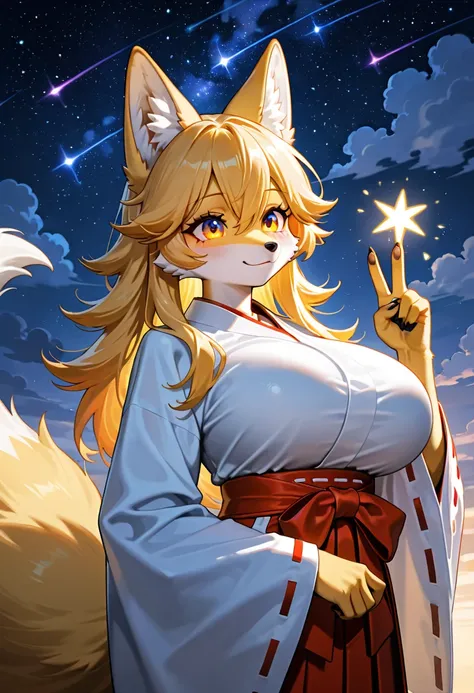 Fox girl, furry, furry, golden fur, golden face fur, long blonde hair, reddish-orange gradient eyes, super cute face, brown element on fur, miko, beautiful lights and shadows, ambient light, super fine fur, volumetric light, night, clouds and stars in the ...