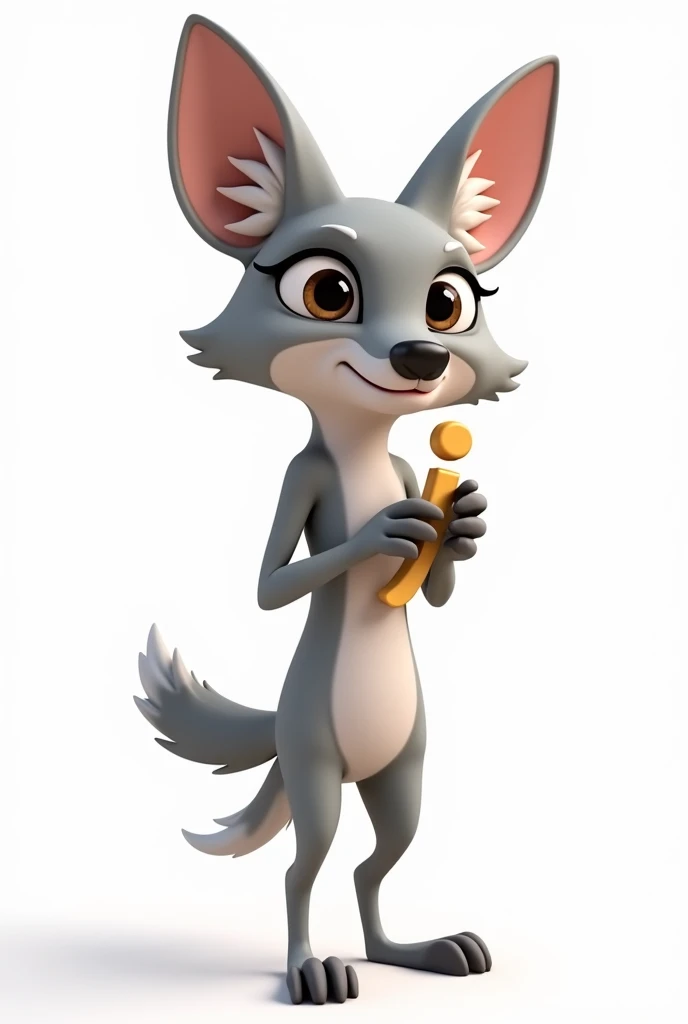 Generate a highly detailed, high-resolution image of a cute, 3D-style cartoon jackal with clear outlines and detailed features, standing on its hind legs and holding a lowercase 'j' in its front paws as if they were hands, similar in style and quality to t...