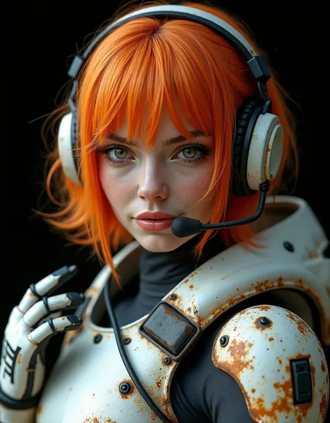 high quality image, image of the bust from head to waist, 8k, 4k, raytracing, of a beautiful futuristic female soldier, dirty and worn by combat, heavily armed and equipped. Bio advanced heavy metal combat armor in white color and black camo pattern.  head...