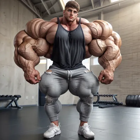 a very handsome man, big eyes, muscular, somewhat robust biceps, defined chest, defined muscles, wearing a black tank top with gray pants, Adidas, standing sideways in a gym with your hands in your pockets, seen from very close up, exaggeratedly muscular, ...