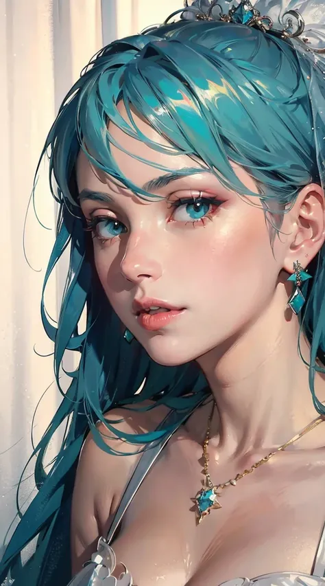 1girl, VOCALOID, Hatsune Miku, jewelry, wedding dress, elegant, cool pose, sparkles, long aqua hair, shiny big eyes, perfect makeup, beautiful nose, glossy lips, ears, white diamond earrings, white diamond necklace, shiny white skin, perfect lighting, real...