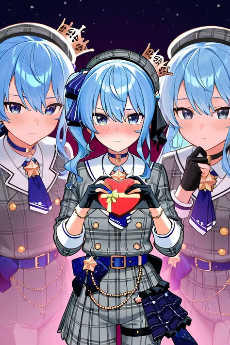 Hoshimachi Suisei, gloves, stars on eyes, 1 girls, symbols on eyes, blue eyes, black gloves, blue hair, crown, star (symbol), pants, partially fingerless gloves, belt, side ponytail, ascot, staring at viewer, long hair, Valentine, heart pass the box, ❤️, e...