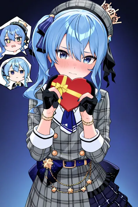 Hoshimachi Suisei, gloves, stars on eyes, 1 girls, symbols on eyes, blue eyes, black gloves, blue hair, crown, star (symbol), pants, partially fingerless gloves, belt, side ponytail, ascot, staring at viewer, long hair, Valentine, heart pass the box, ❤️, e...