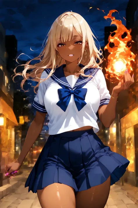 4k,ultra detailed,fire effects magic user, girl,gyaru,tanned skin,background urban,at night,wind,sailor uniform,