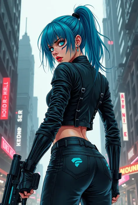 /imagine a drawing with lines and brush paintings, with watercolor touches, of a cyberpunk warrior, make a stylized drawing, in the style of illustrator Otto Schmidt, she wears leather clothes, blue neon details, blue hair, war paint on her face, wielding ...