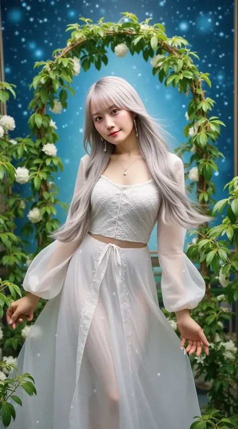  a woman with a fantastic vibe 、 long silver hair fluttering in the wind、 wearing a shining dress 。The background is a magical forest、star々The night sky is twinkling 。