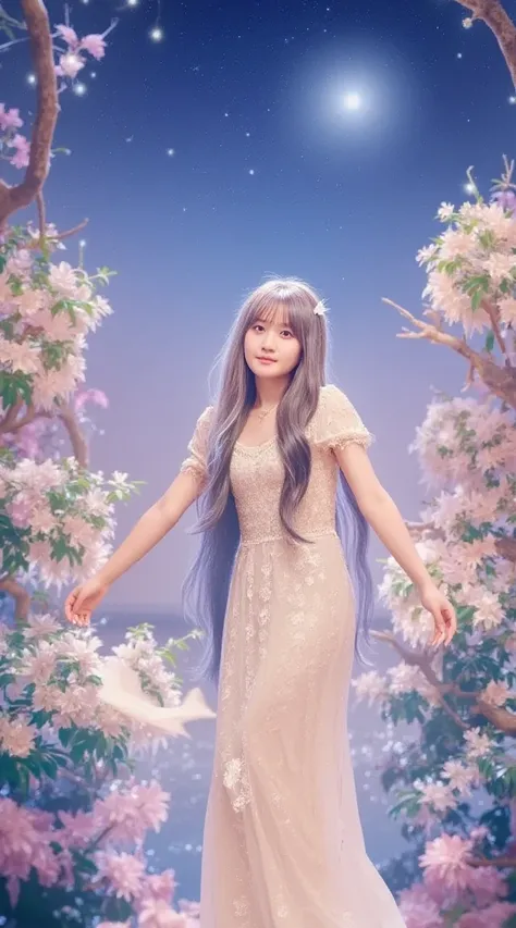  a woman with a fantastic vibe 、 long silver hair fluttering in the wind、 wearing a shining dress 。The background is a magical forest、star々The night sky is twinkling 。