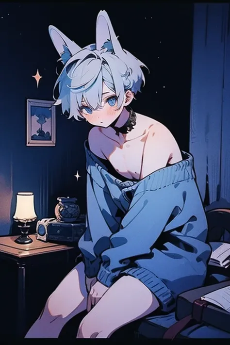 boy ,thighs, nipples,light blue eyes, light blue Hair,short Hair,rabbit ears,(No human ears),sensual image without being vulgar, blushing cheeks, Korean Gothic boy , cinematic lighting, anatomically correct ,dark skin,watercolor, sweet , warm lighting, sof...