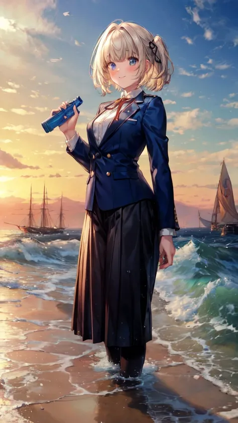 (8k,  top quality,  Masterpiece: 1.2), ultra high resolution, 1 person,  cute,  alone, highly detailed face,  standing,  blond,  blazer,  shirt,  blouse, ribbon,  NAVY BLUE のシワ付スカート,  NAVY BLUE , Gothic Long Skirt, sea, sea水浴,  soaked,  water play , Water ...