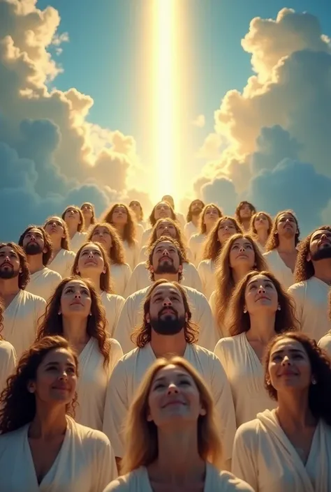  Here is a detailed mega-prompt to generate a similar image :

Prompt:
 “An epic and inspiring heavenly scene ,  with a large diverse group of people looking upward toward a brilliant and divine light in the sky.  They wear pure white tunics and express ho...