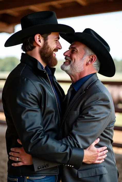 I bet, tall and muscular, white cowboy with brown hair and cowboy style beard ,  wearing a black zipped jacket , a dark blue shirt and a black cowboy hat ,  kissing and wrapping his arms around the waist ,  a mature white man with short gray hair with a we...