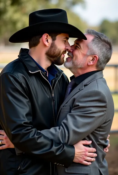 I bet, tall and muscular, white cowboy with brown hair and cowboy style beard ,  wearing a black zipped jacket , a dark blue shirt and a black cowboy hat ,  kissing and wrapping his arms around the waist ,  a mature white man with short gray hair with a we...