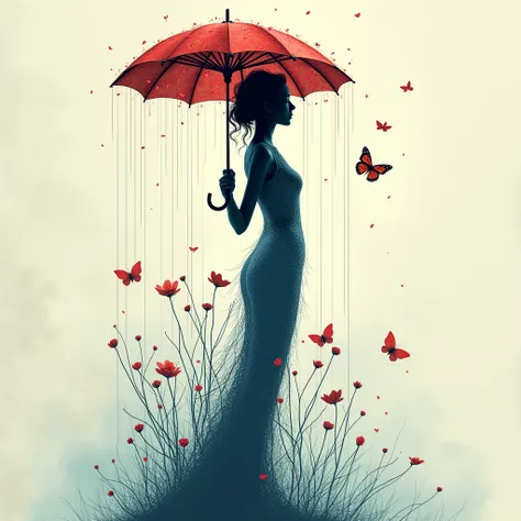 "A surreal, intricate profile silhouette of a woman holding an umbrella in a gentle rain. The woman’s body is composed of detailed, flowing lines resembling plant stems and flowers, with her form blending into nature. The umbrella is adorned with delicate ...