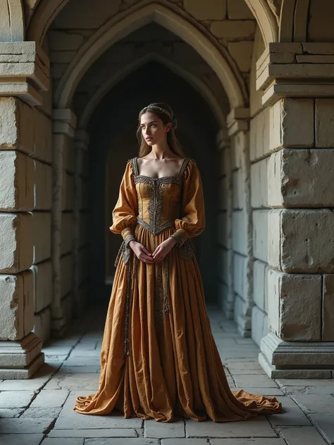 Beautiful castle lady dressed in 14th century fashion, standing on the castle floor, background is gray castle walls, historical accuracy, high details of shape and body, cinematic style