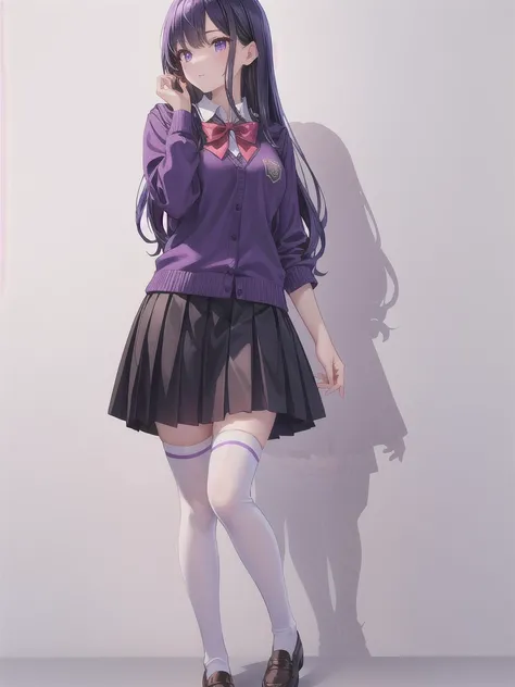 arafed asian woman in a purple shirt and black skirt, wearing skirt, thighhighs and skirt, full body picture, outfit photo, 1 , of a schoolgirl posing, full body! pretty face, full body wide shot, middle body shot, wearing skirt and high socks, half body s...