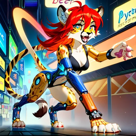  furry anthro female cheetah cybernetic ,  cyber body furry anthro female cheetah ,  instead of arms long sharp blades , long clinic gun, neon colors, cyber gerard ,  perfect figure
of the best quality,  masterpiece,  high resolution,  original, extremely ...