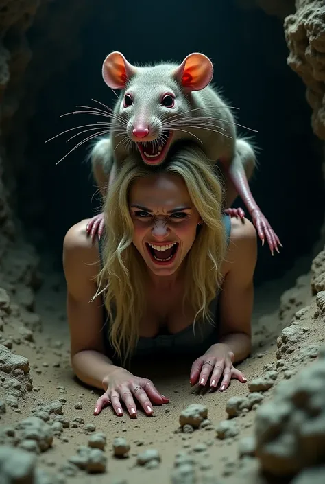 In a cave a screaming beautiful blonde  woman crawling on the ground with her elbows on the ground and a giant rat on her back riding her butt cheeks 