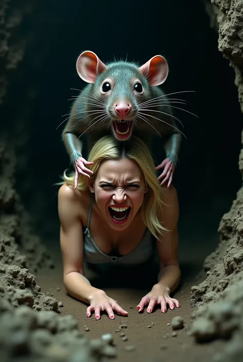 In a cave a screaming beautiful blonde  woman crawling on the ground with her elbows on the ground and a giant rat on her back riding her butt cheeks 