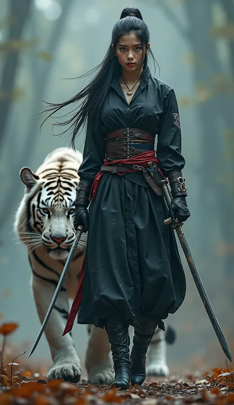 Unreal Beauty Philippines Young Female Assassin Woman With Long Ponytail Black Hairs, Beautiful Female Assassin With Holding Two Swords In Dynamic Style, Gloves, Assassin's Mask, Female Assassin Outfit, Blue Eyes , Dynamic Style, Cinematic Background View,...