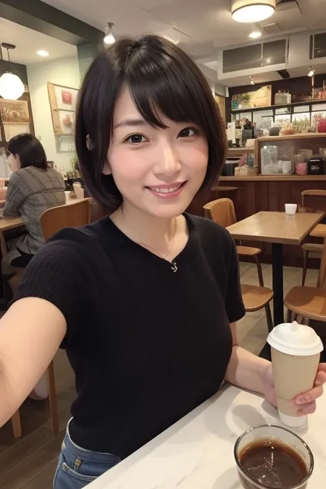 appearance、 black hair、 bangs、Full Bang、A little ugly、One eye、 A scene of taking a selfie at a casual cafe 。 she surely has a relaxed vibe 、Blending into the bright air of the cafe 、for example、 while taking a selfie with 、 wears a casual top and jeans 、 g...