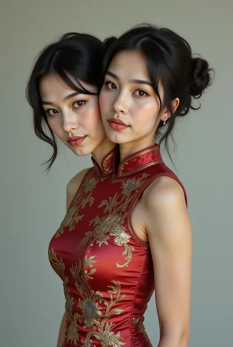 filipina-american, conjoined, sharing body, two heads, wearing cheongsam, both looking at the camera, wide photo full body shot.  fully clothed