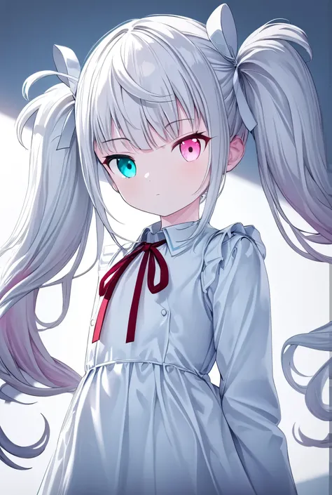 nsfw 1 girl,Nigomiku\( project sekai \),  heterochromia,  Aqua Eyes, pink eye, long hair, twin tails, Silver Hair, white hair ribbon, gradation hair streaming on youtube,break (white dress, Long Sleeve, neck ribbon),cowboy shot, expressionless , Masterpiec...