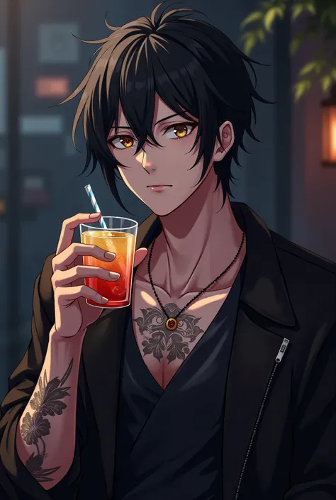 Anime picture of black haired guy has a tattoo named nemesis holding a drink