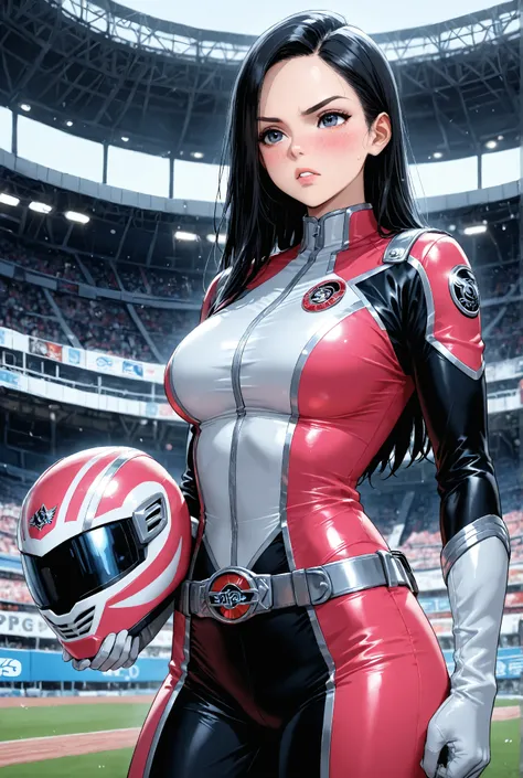 1girl, SPD power ranger girl from Power Rangers SPD, Power Rangers SPD,female Silver ranger, stadium, holding her SPD ranger's helmet, medium large breasts, parted lips, very long black hair, Serious, She's the Silver SPD Ranger, Blushing, SPD Ranger from ...