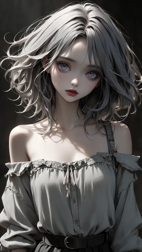  Tim Burton's Style、 extremely realistic 、Pale colors、clavicle、shoulder、Rustic、Contemporary Fashion、