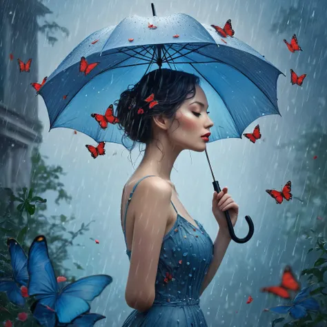 "A surreal, intricate profile of a woman holding an umbrella in a gentle rain. The woman’s body is composed of detailed, The umbrella is adorned with delicate red petals and small butterflies, contrasting against the serene blue tones of the woman's body. ...