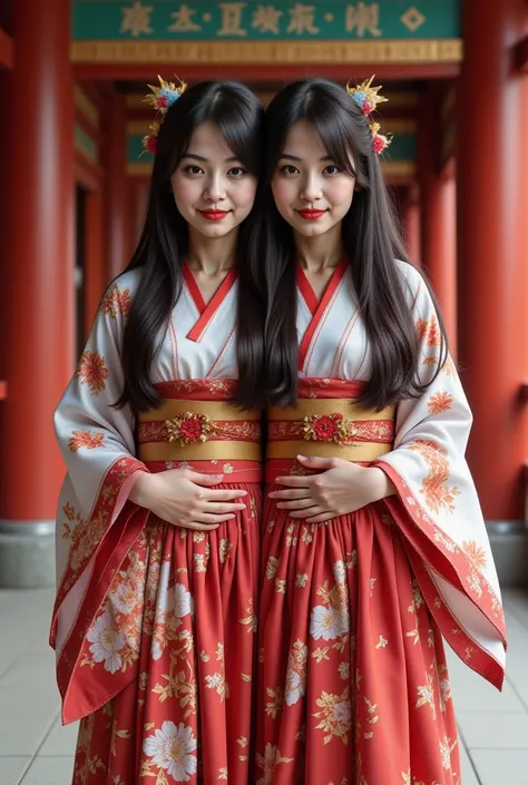 front top view , Filipina-Japanese, two heads sharing a body, wearing japanese shrine maiden outfits, realistic, looking at the camera, japanese temple background, hands at the waist, medium built body.