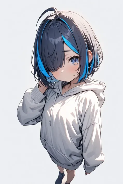 （masterpiece：1.2），Super detailed，solo girl, Hiding one eye, bob cut hairstyle, navy hair, ((highlights hair, Blue streaked hair)), ahoge, white hoodie, tareme, blue eyes, (full body:1.5),(simple Backgrounds:1.3),flat chest,