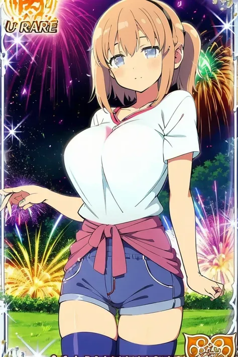 Gyumaru,(master piece),(best quality),2D, anime, anime art, lineart, watercolor, loli,, 1girl , breasts, fireworks, (large breasts), Alone, (thigh highs)