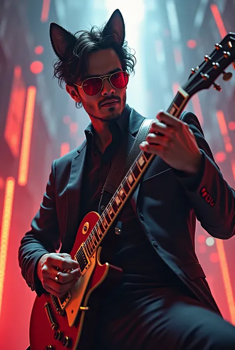 2.A handsome man in five dimensions　Cat ears　 red sunglasses 　 playing electric guitar　 is cool