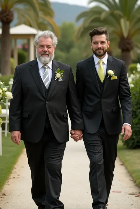  White man in his 40s with gray hair with a beard , tall and plump , handsome,  dressed in a two-piece black wedding suit with a black shirt and white tie with gray stripes , holding hands with a young Italian man of about 30 years old with short hair and ...