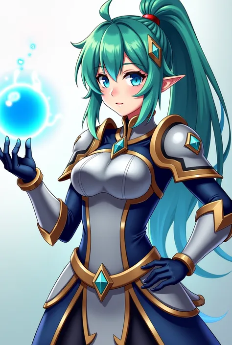 anime girl with a sword and a blue ball in her hand, genshin, ayaka genshin impact, armor girl, keqing from genshin impact, senna from league of legends, portrait knights of zodiac girl, genshin impact character, in monster hunter armor, lady palutena, aya...