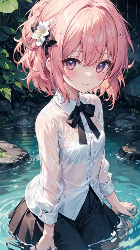 (8k,  BEST QUALITY,  Masterpiece: 1.2),  ultra high resolution, 1 person,  cute,  small breasts,  highly detailed face,  white blouse with a light opening,  shirt, 大量のrain, rain,  soaked,  Black underwear , ribbon, Gothic Long Skirt, Water droplets all ove...