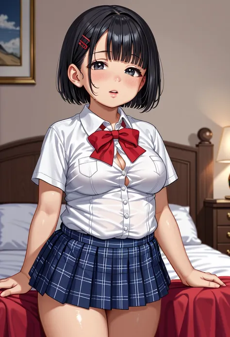 (((1girl:1.5))), Masterpiece, Best quality, amazing beauty, 4K, absurdres, finely detail, (super detailed eye), perfect anatomy, official art, cinematic lighting, BREAK, ((((Bright bedroom)))), silky bob cut, blunt bangs, (black hair:1.5), (((super shiny d...