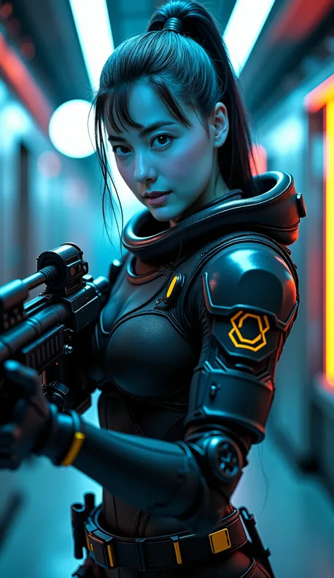  wearing futuristic tactical gear、Beautiful blue-skinned woman , Wield a weapon,  精巧な顔と目 ,  by Nomi, photo by Nomi,  Masterpiece, 8k,  extremely detailed,  vibrant colors,   cinematic lighting  ,  Dramatic Poses,  intricate details,  high quality,  Super d...