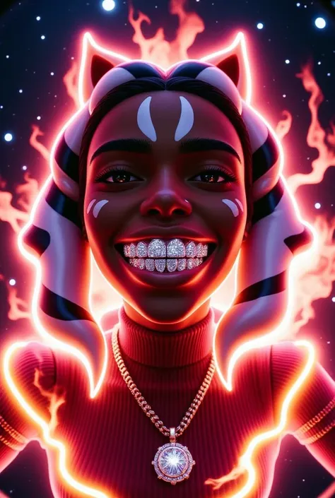 gr!llz, in the style of Jed-clrfl , Ebony character Ahsoka Tano
 enveloped in intense thick colored energy. Their face is obscured by the overwhelming thick glow::7.2 , large anime energy aura size 6 inches from body emphasizing the sheer power they are un...