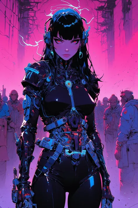 (  cyberpunk)  fight scene、Blue black long hair , bangs,     headphones  , Chest,  黒と  pinkのデザインパーカー,   has a cool plasma gun sword,   cool cyborg holding a light plasma bayonet、 Blue Lightning 、  watching viewers,  photorealistic, (背景は  cyberpunkTOKYOcity...