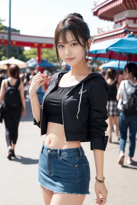  short hair，Girly Hair，Amusement park date， staring seriously at the camera ， big breasts， belly button out， shoulder out， Super Real ,  photorealistic ,  she looks extremely happy  , shadow,  Global Pi Illuminations   , With my boyfriend( age Japanese gir...