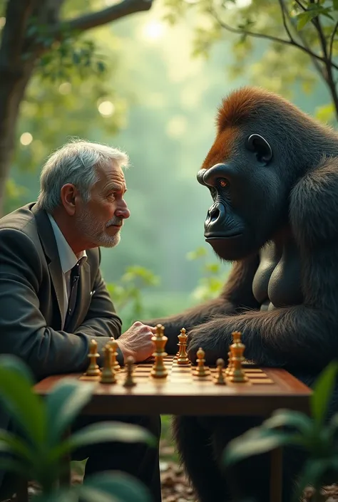 Create an image of George playing chess with a gorilla. George is the picture above 