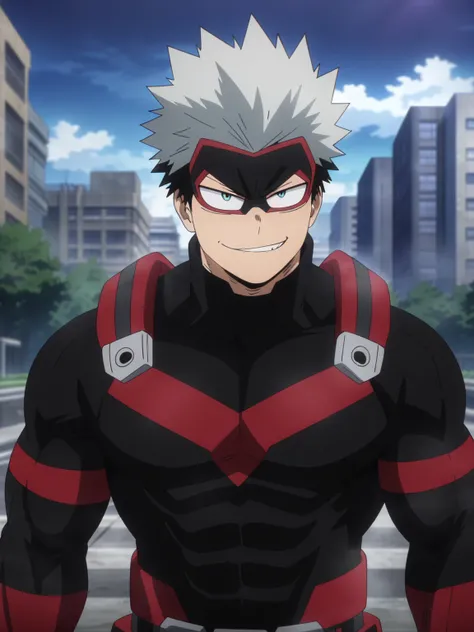 (masterpiece, best quality, anime, anime coloring:1.3, superhigh res). ((Very handsome superhero as MHA character, smirk, muscular, Male)). ((Superhero)), (((Wearing superhero suit))). Big city park background, colorfull.

My Hero Academia character, MHA s...