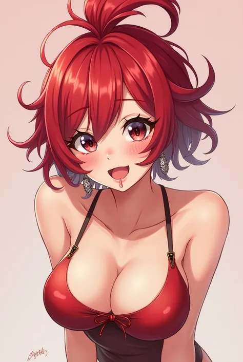 Ahoge,  red hair top,  Big boobs,  earrings,  smile, tongue,  saliva,  salivafluss,  ahegao, throw, 