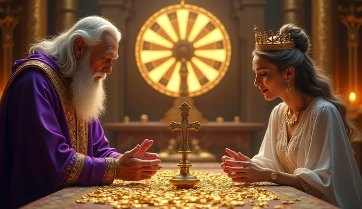 **Prompt:**  Create an ULTRA-REALISTIC image of a mystical setting with Saint Cyprian represented as an elderly and wise magician,  wearing purple clothes adorned with gold details ,  in front of a table full of gold coins . next to,  a white lady with gra...