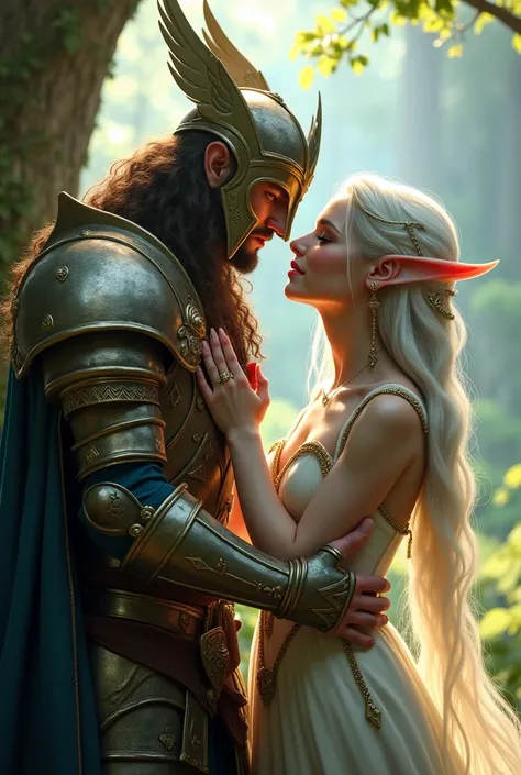 ( world of warcraft style ) ( Realistic) a man kissing his wife on the hand,  the man wears a paladin helmet and armor, The woman is an elf who is looking at him in a tender way



