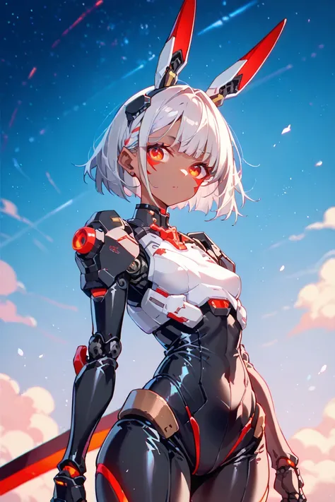  android、 short girl、Red glowing eyes、 tanned skin、 short hair、 Silver Hair、 small breasts、 white machine body armor、whole body、 1 girl、 Rabbit Ears、Black Machine Mask 、black mechanical headgear、 Cosmic Space、 cyberpunk、Holding a long sword in his hand